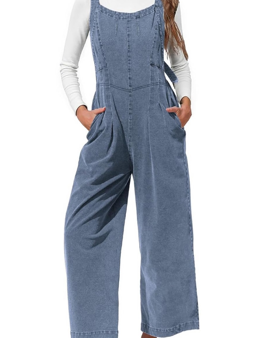 Women’s Fall Denim Loose Fit Wide Leg Bib Jumpsuit with Pockets